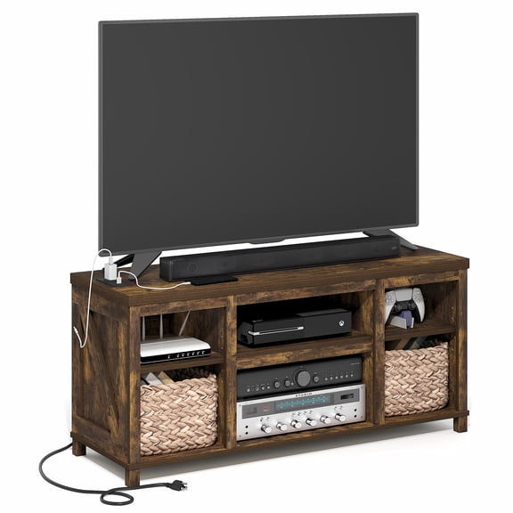 Furinno FARMHOUSE 3-Tier TV Stand w/ Charging for TVs up to 55" Amber Pine