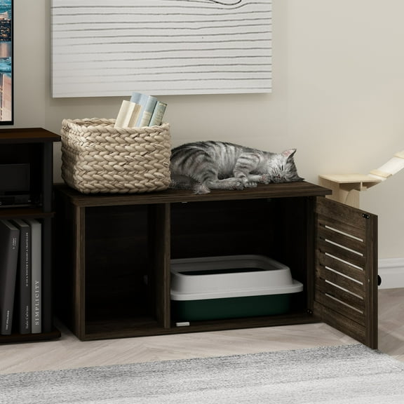 Furinno FH22303EB Peli Farmhouse Hidden Cat Litter Box with Divider, Ebony