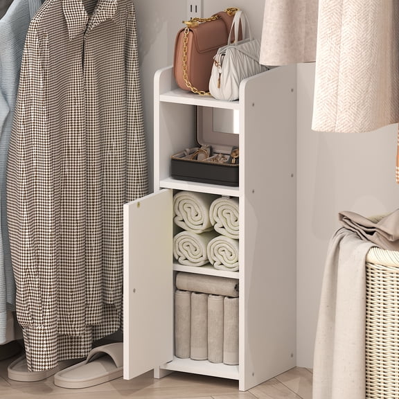 Furinno FULDA Closet Organizers and Storage, 4-Tier Closet Organizer, Narrow Closet Storage with Door and Adjustable Shelves, 24H, for Small Spaces, Closet, Study Room, Hallway, White
