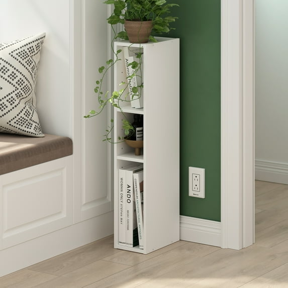 Furinno FULDA Book Shelf, 3-Tier Narrow Bookshelf, Bookcase with 6-In Width Storage Shelf, 9.3 x 5.9 x 31.5, for Living Room, Bedroom, Home Office, Plain White