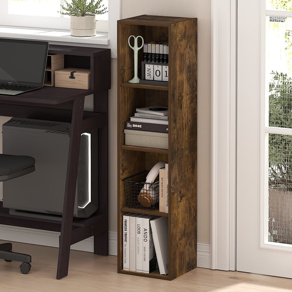 Furinno FULDA 4-Tier 10-In Width Narrow Bookcase 9.3 x 9.8 x 41.6 Amber Pine