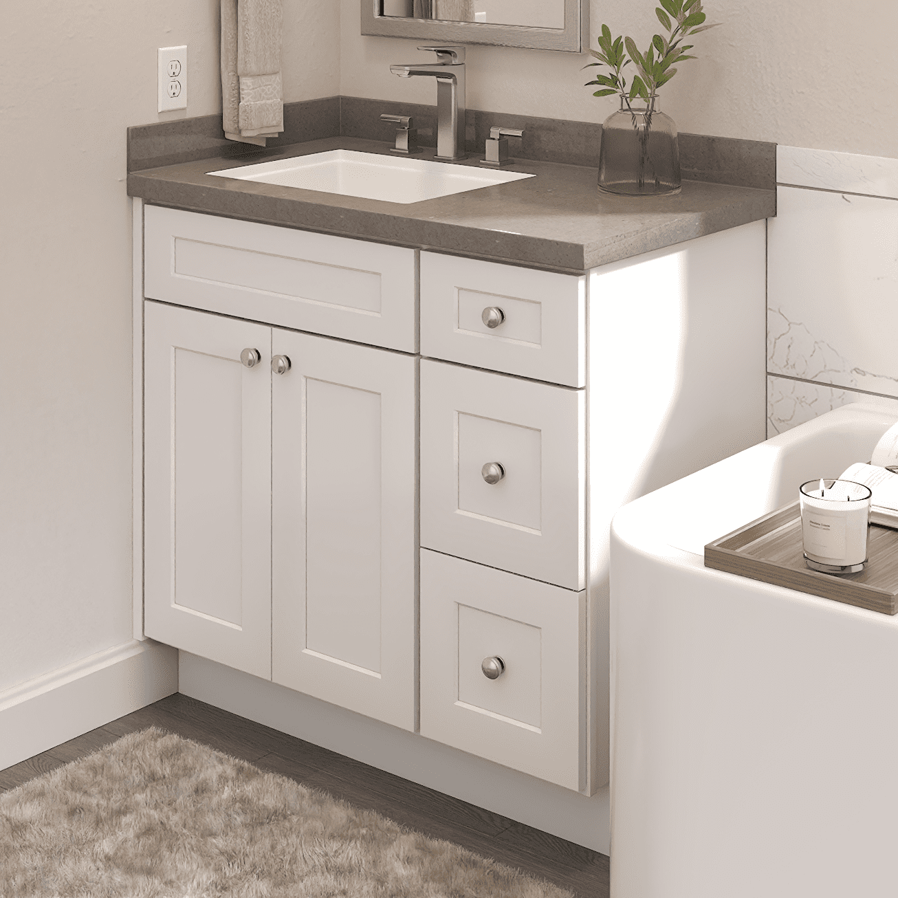 Furinno Shaker Drawers Right Bath Vanity Cabinet without Top, Ready to Assemble, 21 D x 36 W x 34.5 H, White