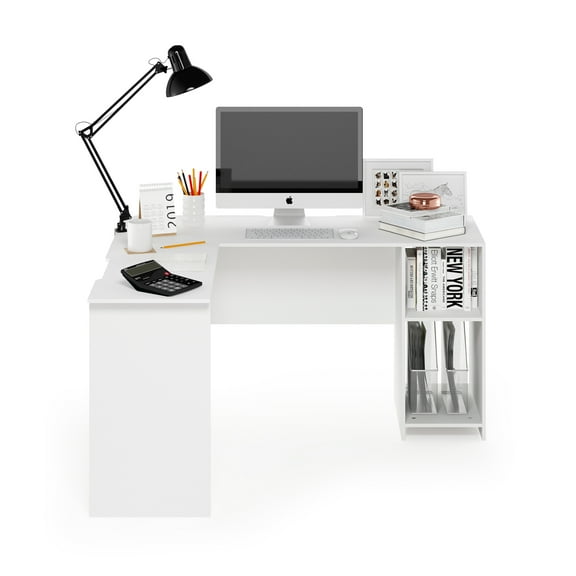 Furinno Indo L-Shaped Desk with Bookshelves, White