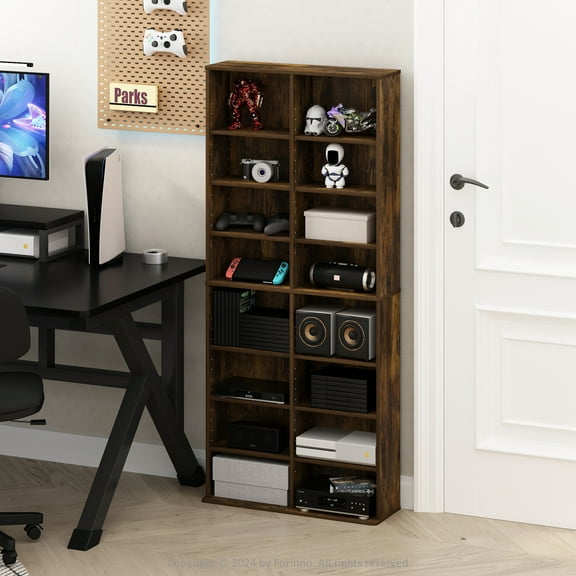 Furinno JAYA 16-Shelf Multimedia Media Storage Tower Rack with Adjustable Shelves, Amber Pine