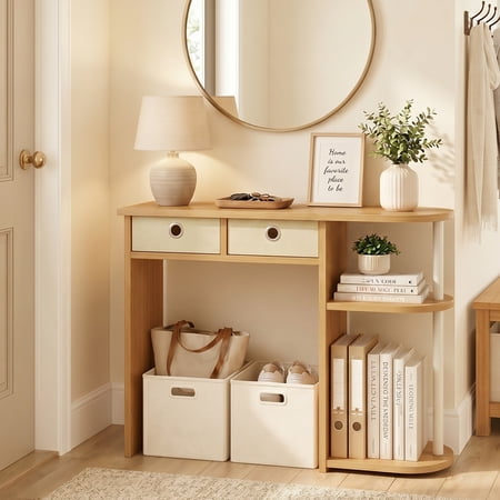 Furinno JAYA 32-Inch 2 Fabric Drawers Open Shelves Console Table. Beech