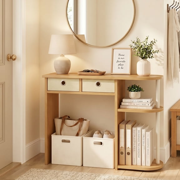 Furinno JAYA 32-Inch 2 Fabric Drawers Open Shelves Console Table. Beech