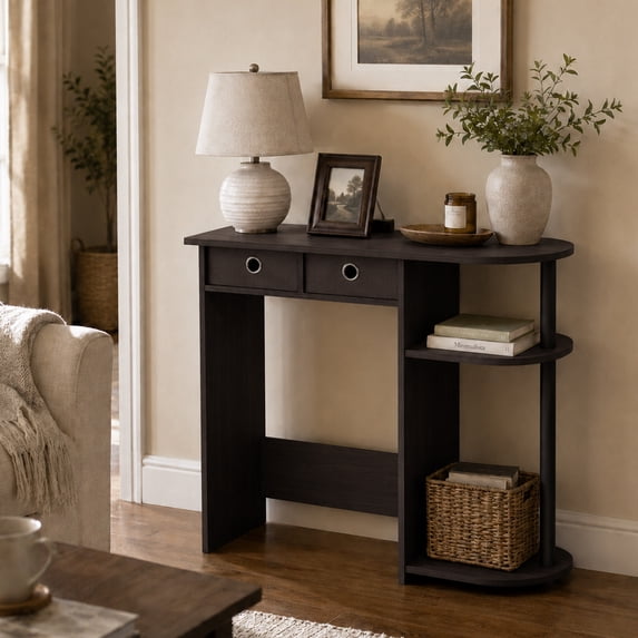 Furinno JAYA 32-Inch 2 Fabric Drawers Open Shelves Console Table. Dark Walnut