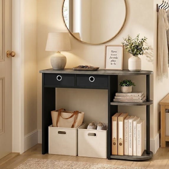 Furinno JAYA 32-Inch 2 Fabric Drawers Open Shelves Console Table. French Oak