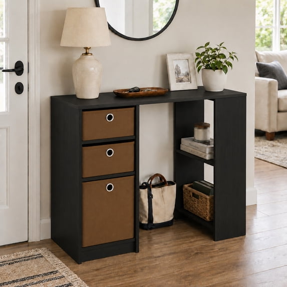 Furinno JAYA 40-Inch Black 3 Fabric Drawers Entryway Table. Espresso