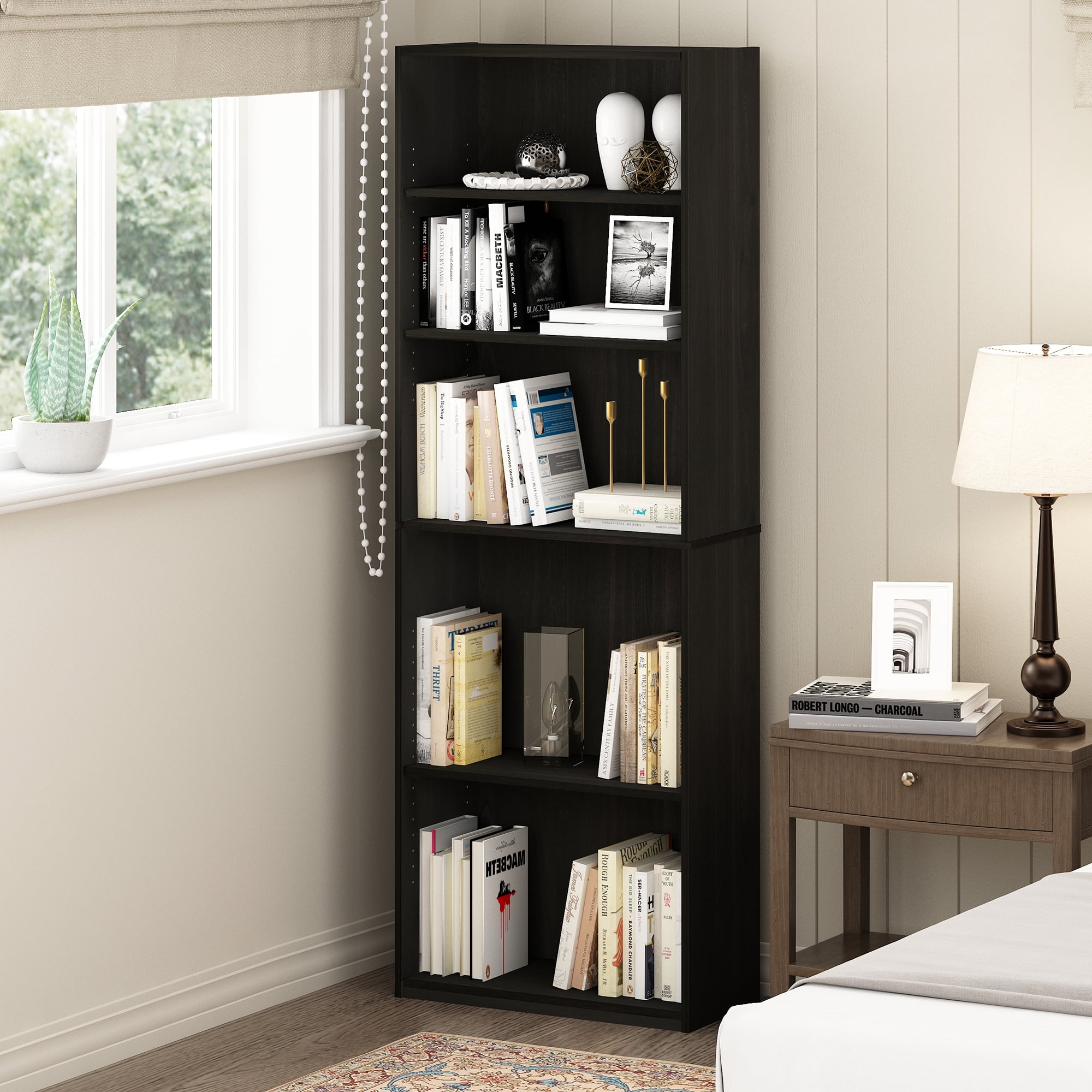 Furinno JAYA Book Shelf, 5-Tier Bookshelf, Bookcase with Adjustable Shelves, 9.5 x 24.5 x 71.2, for Living Room, Bedroom, Home Office, Black Espresso