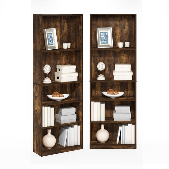 Furinno JAYA Set of 2 5-Tier Bookshelf with Adjustable Shelf in Amber Pine