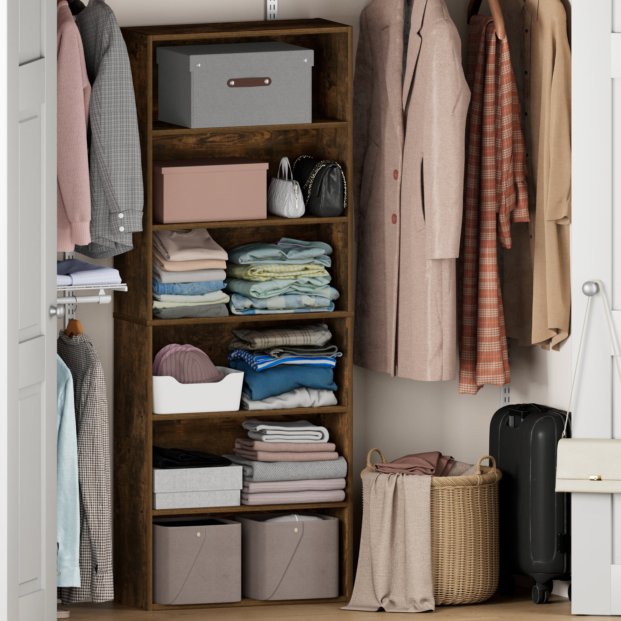 Furinno JAYA 6-Tier Closet Organizers/Storage with Open Shelf. Amber Pine
