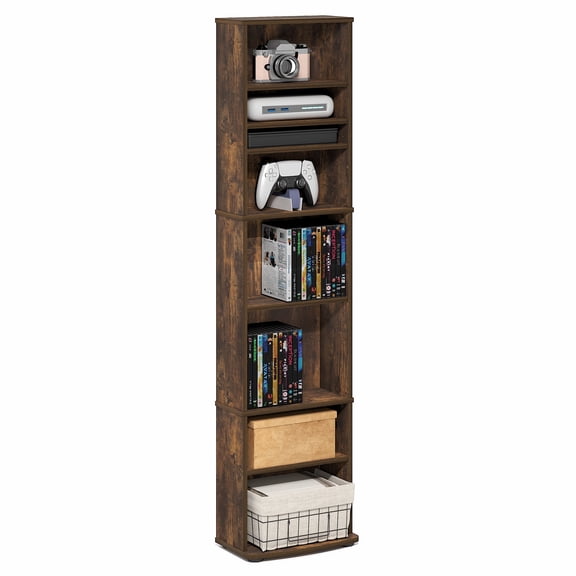 Furinno JAYA DVD Shelf, 8-Tier Tall Narrow CD Rack, Media Shelf with Adjustable Shelves, DVD Storage Cabinets for CD Blueray Game Disc, Easy Assembly, for Living Room, Home Office, Amber Pine