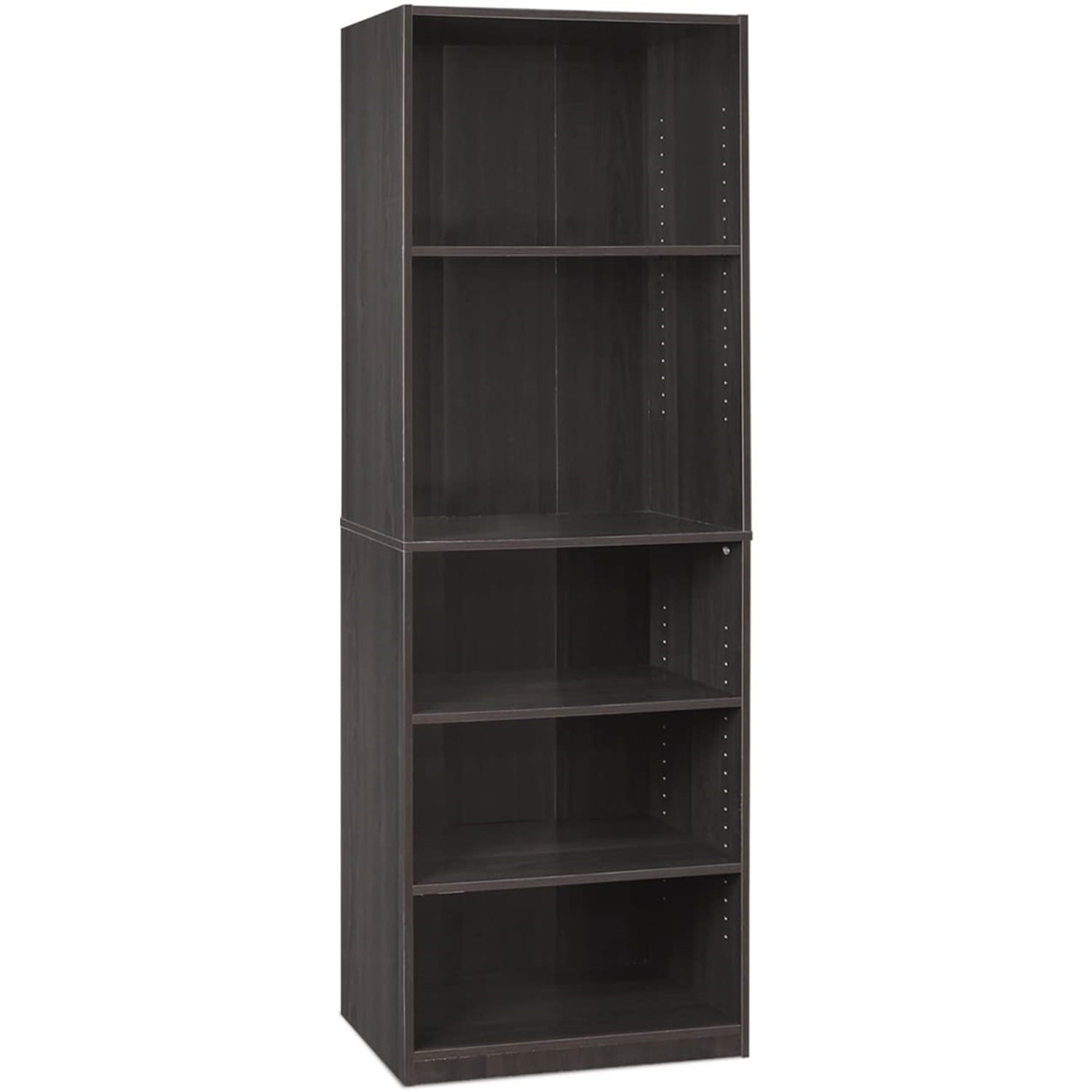 Espresso Adjustable 5-Shelf Wooden Bookcase with Storage Cubes