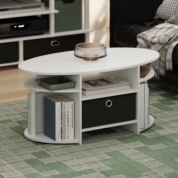 Furinno JAYA Oval Coffee Table with Side Shelves and Storage Bin, Plain White