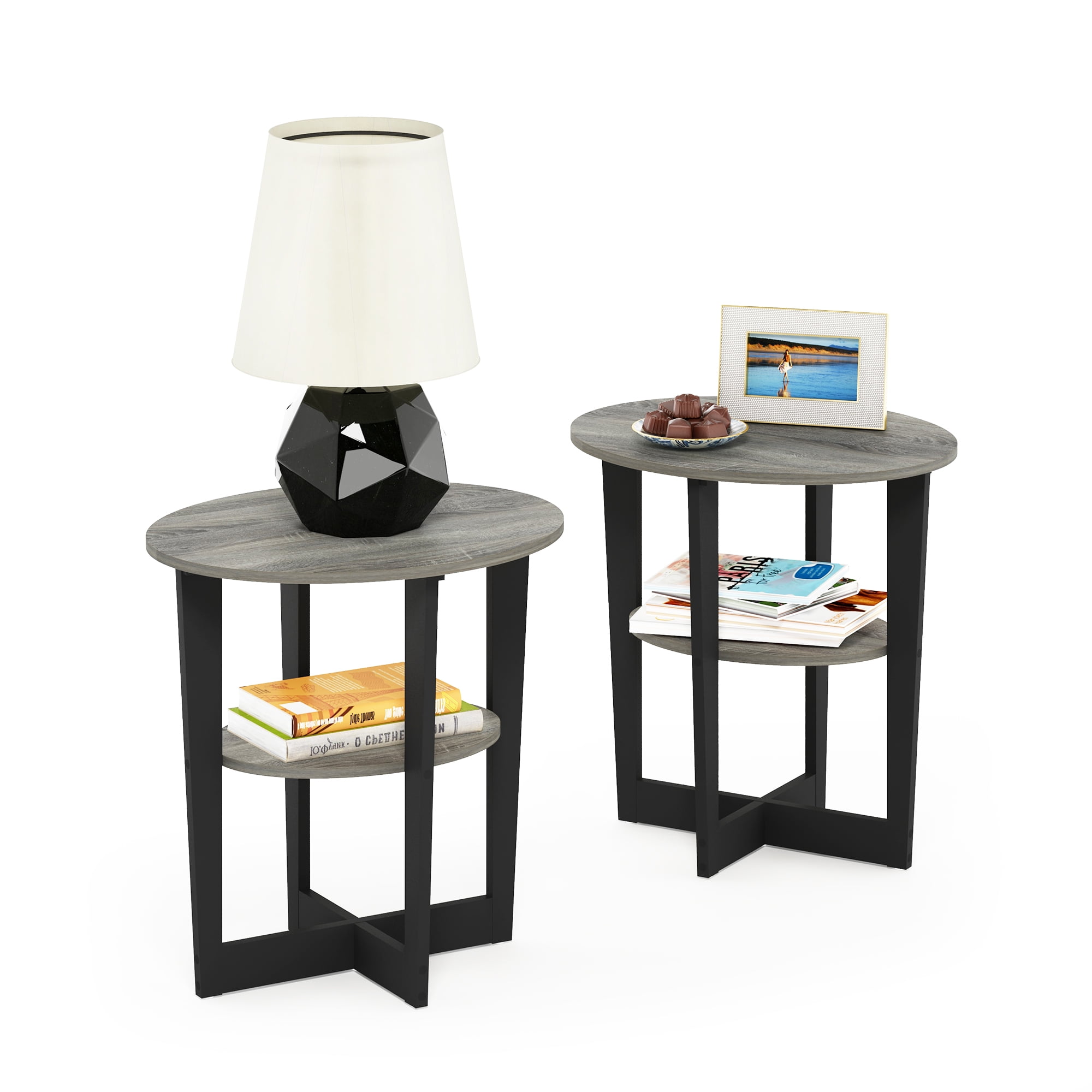Furinno JAYA Walnut Oval End Table Set with Open Shelf, Easy Assembly