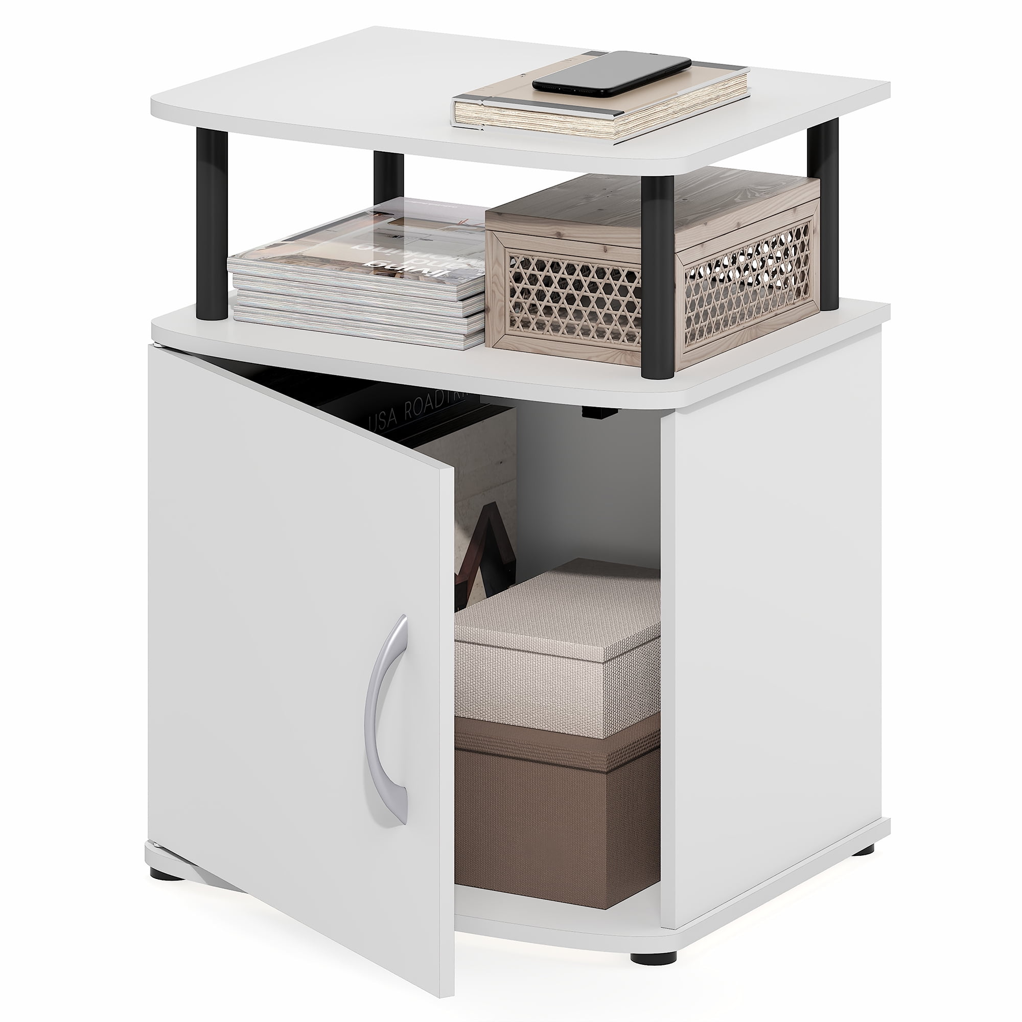 Furinno JAYA Side Table 2-Tier Shelf w/ Door Cabinet Night Stand White
