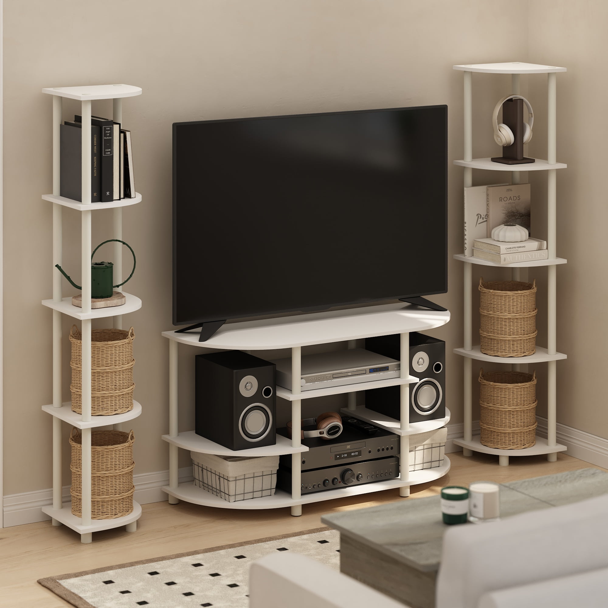 Furinno JAYA Simple Design Corner TV Stand, White/White