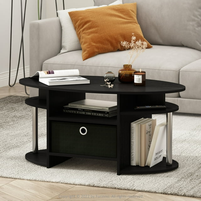 Furinno JAYA Simple Design Oval Coffee Table with Bin, Americano
