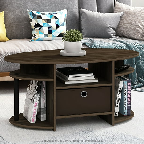 Furinno JAYA Simple Design Oval Coffee Table with Bin, Columbia Walnut