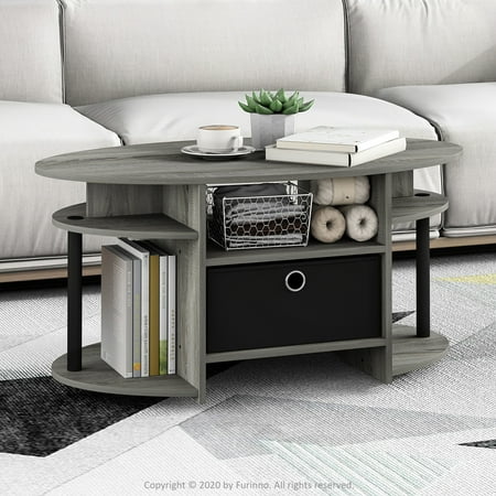 Furinno JAYA Simple Design Oval Coffee Table with Bin, French Oak Grey/Black