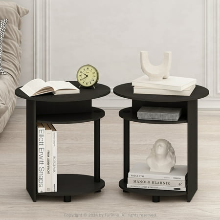 Furinno JAYA Simple Design Oval End Table, Side Table, Black Walnut, Set of 2