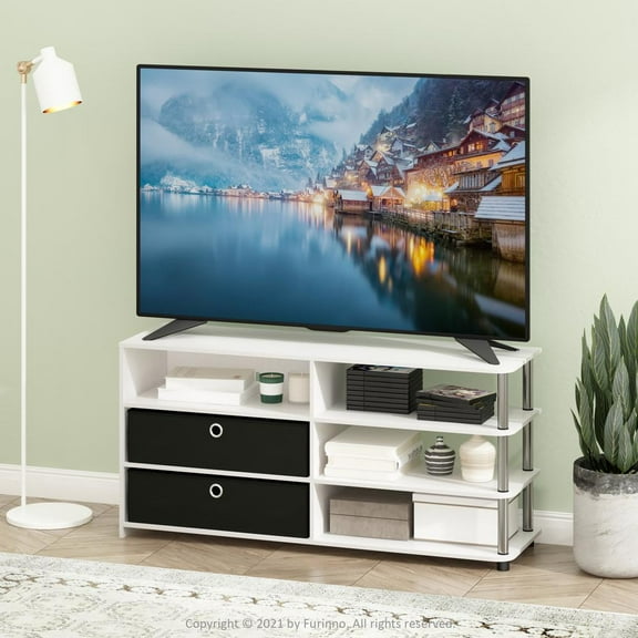 Furinno JAYA Simple Design TV Stand for up to 55-Inch with Bins, White Oak, Stainless Steel Tubes