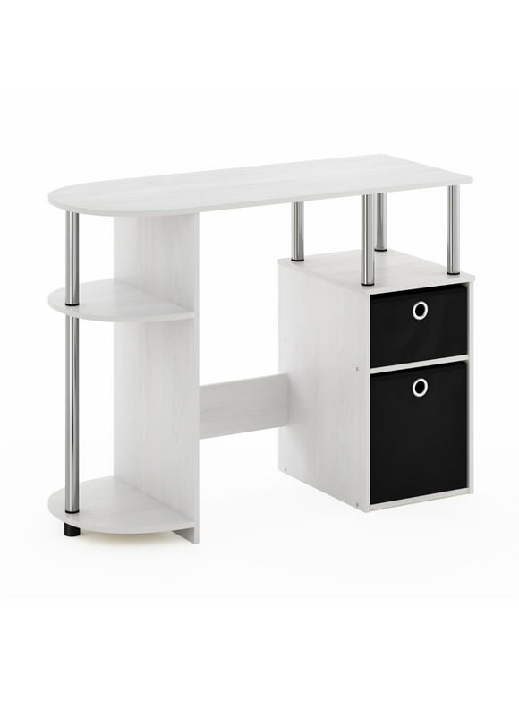 Furinno JAYA Simplistic Computer Study Desk with Bin Drawers, White Oak, Stainless Steel Tubes