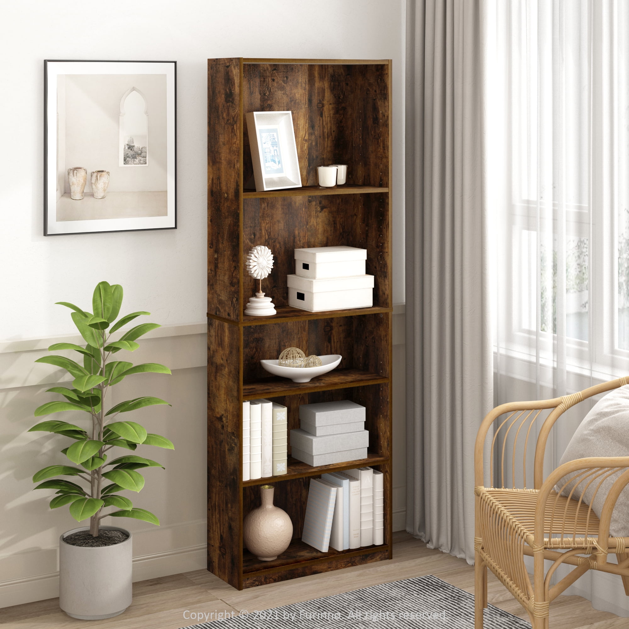 Furinno JAYA Adult Modern 5-Shelves Standard Bookcases, Amber Pine