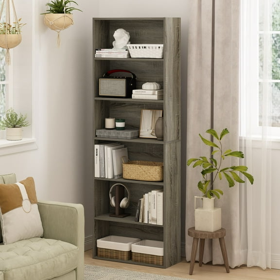 Furinno JAYA Simply Home Free Standing Adjustable 6-Tier Open Storage Bookcase, French Oak