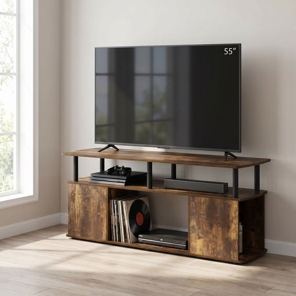 Furinno JAYA TV Stand, 3-Tier Entertainment Center with Open Shelf, TV Console for TV up to 50 Inch with Side Open Storage Compartments, for Living Room, Bedroom, Amber Oak
