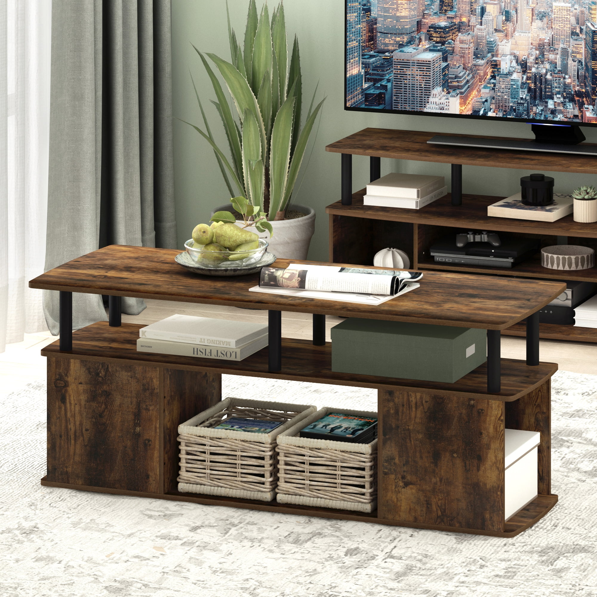 Furinno JAYA TV Stand Entertainment Center with Open Storage Compartment for TV up to 50 Inch, Amber Pine/Black