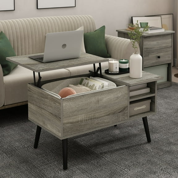 Furinno JENSEN Lift Top Coffee Table with Hidden Compartment Grey Oak