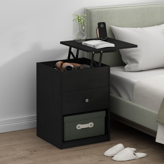 Furinno JENSEN Night Stand, Lift-Top Nightstand with Drawer, Bedside Table, End Table, Side Table with Storage Shelf, Knob Handle Drawer, for Bedroom, Living Room, Dark Americano