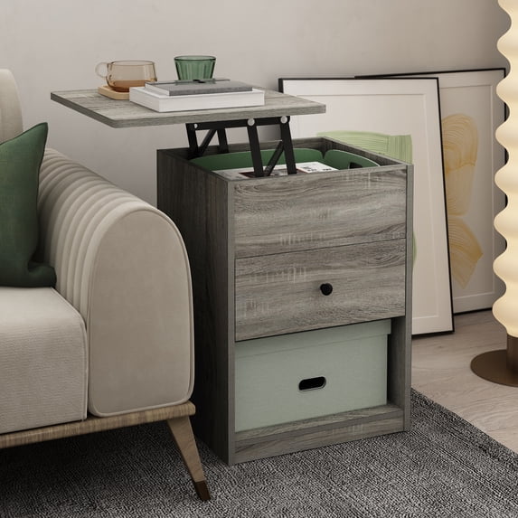 Furinno JENSEN Night Stand, Lift-Top Nightstand with Drawer, Bedside Table, End Table, Side Table with Storage Shelf, Knob Handle Drawer, for Bedroom, Living Room, Grey Oak