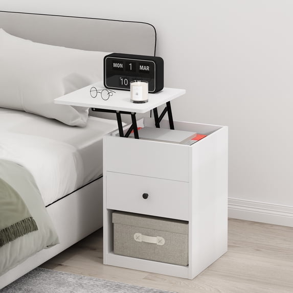 Furinno JENSEN Night Stand, Lift-Top Nightstand with Drawer, Bedside Table, End Table, Side Table with Storage Shelf, Knob Handle Drawer, for Bedroom, Living Room, White