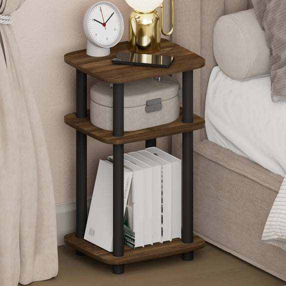 Furinno JUST 3-Tier Turn-N-Tube Nightstand Round Curve Corner Columbia Walnut