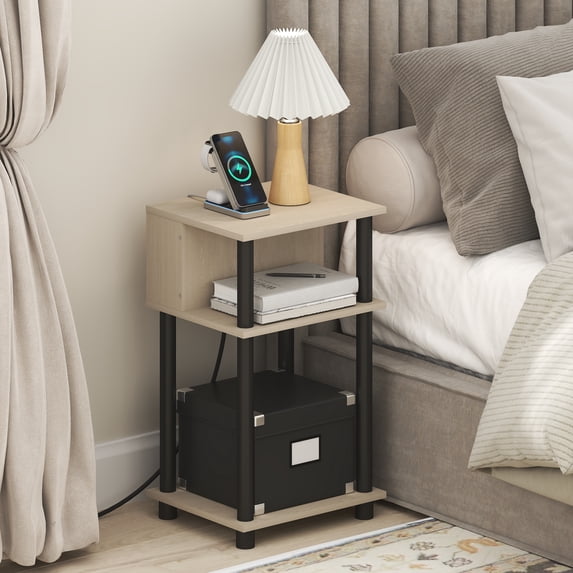 Furinno JUST 3-Tier Nightstand with USB & Type-C Charging Port. Bauhaus Oak