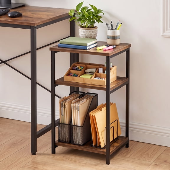 Furinno JUST Night Stand, Nightstand, 3-Tier Metal Frame End Table with Open Shelf, Side Table, End Table, for Living Room, Bedroom, Amber Pine