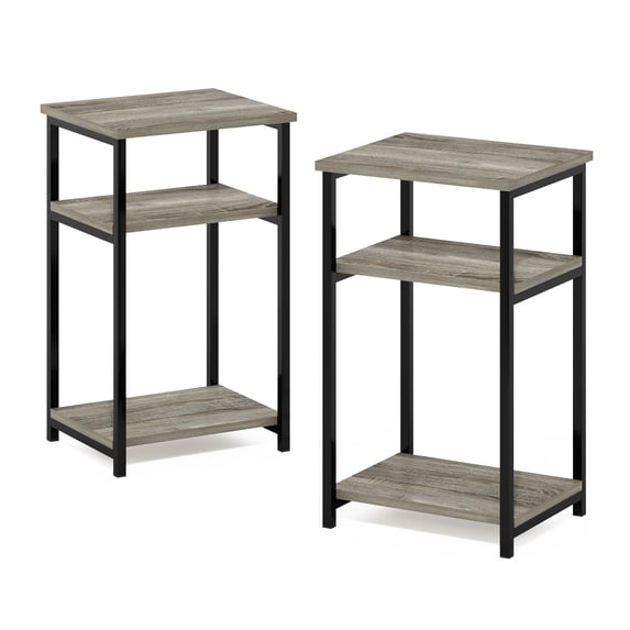 Furinno JUST Side Table Set of 2, 3-Tier Modern Metal Frame End Table with Open Shelf, Night Stand, Bedside Table, Easy Assembly,for Living Room, Bedroom, Grey Oak