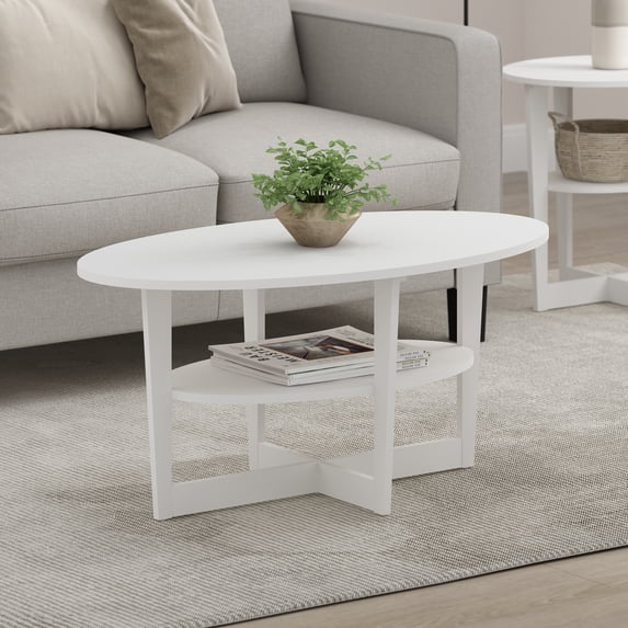Furinno Jaya 2-Tier Round Coffee Table, Small White Coffee Table with Storage Shelf, Oval Center Table for Living Room, Bedroom, Home Office, Plain White