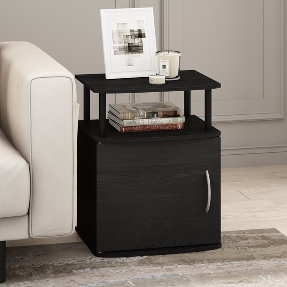 Furinno Jaya 2-Tier Side Table, Black Closed Storage End Table, Night Stand, Bedside Table for Living Room, Bedroom, Home Office, Darkwood