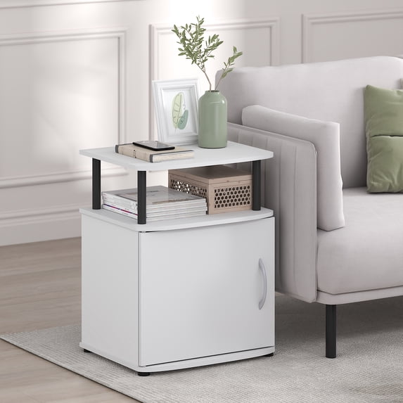 Furinno Jaya 2-Tier Side Table, White Closed Storage End Table, Night Stand, Bedside Table for Living Room, Bedroom, Home Office, Plain White/Black
