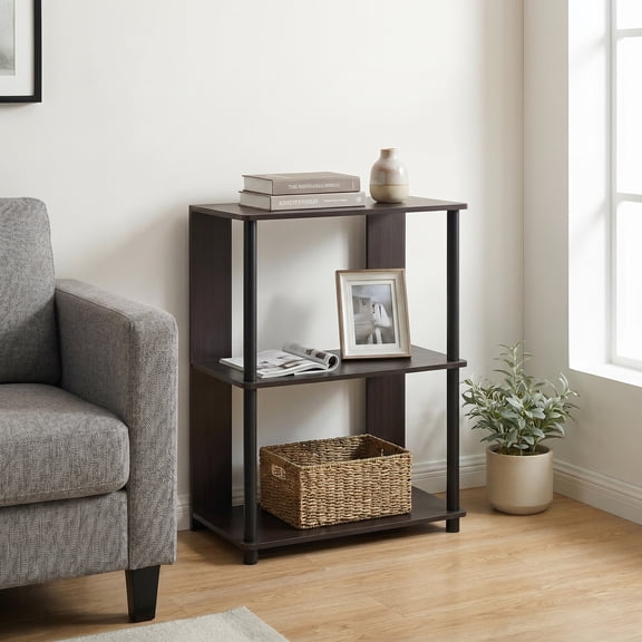 Furinno Jaya 3-Tier Storage Shelves, Black Book Shelf, Open Storage Bookshelf, for Organization and Storage, Living Room, Home Office, Bedroom, Black Walnut