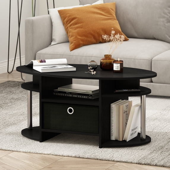Furinno Jaya Oval Modern Black Coffee Table with Side Shelves and Storage Bin, Side Table with Shelf, for Living Room, Bedroom, Home Office, Dark Americano/Stainless Steel