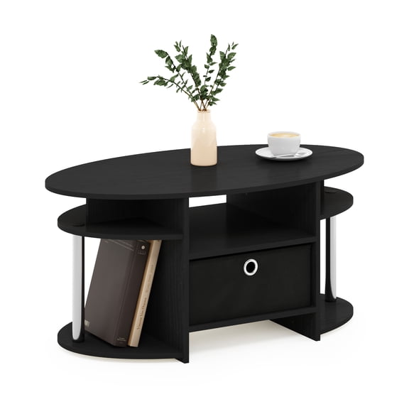 Furinno Jaya Oval Modern Black Coffee Table with Side Shelves and Storage Bin, Side Table with Shelf, for Living Room, Bedroom, Home Office, Dark Americano/Stainless Steel