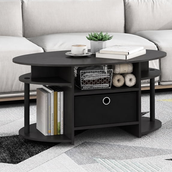 Furinno Jaya Oval Modern Brown Coffee Table with Side Shelves and Storage Bin, Side Table with Shelf, for Living Room, Bedroom, Home Office, Black Walnut