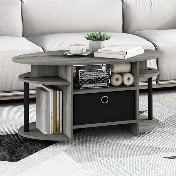 Furinno Jaya Oval Modern Grey Coffee Table with Side Shelves and Storage Bin, Side Table with Shelf, for Living Room, Bedroom, Home Office, Grey Oak