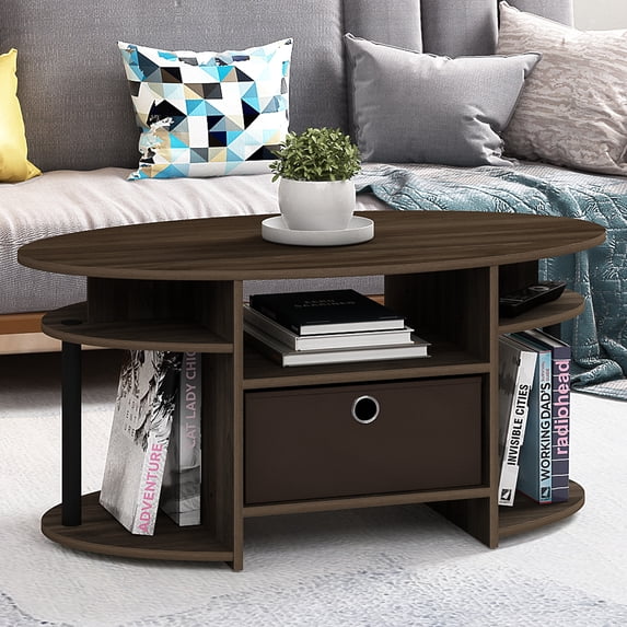 Furinno Jaya Oval Modern Rustic Brown Coffee Table with Side Shelves and Storage Bin, Side Table with Shelf, for Living Room, Bedroom, Home Office, Brown Walnut