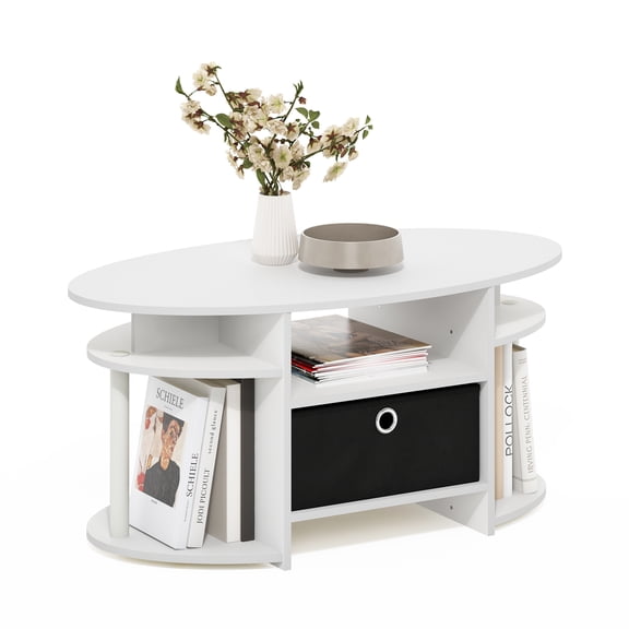 Furinno JAYA Oval Coffee Table with Side Shelves and Storage Bin, Plain White